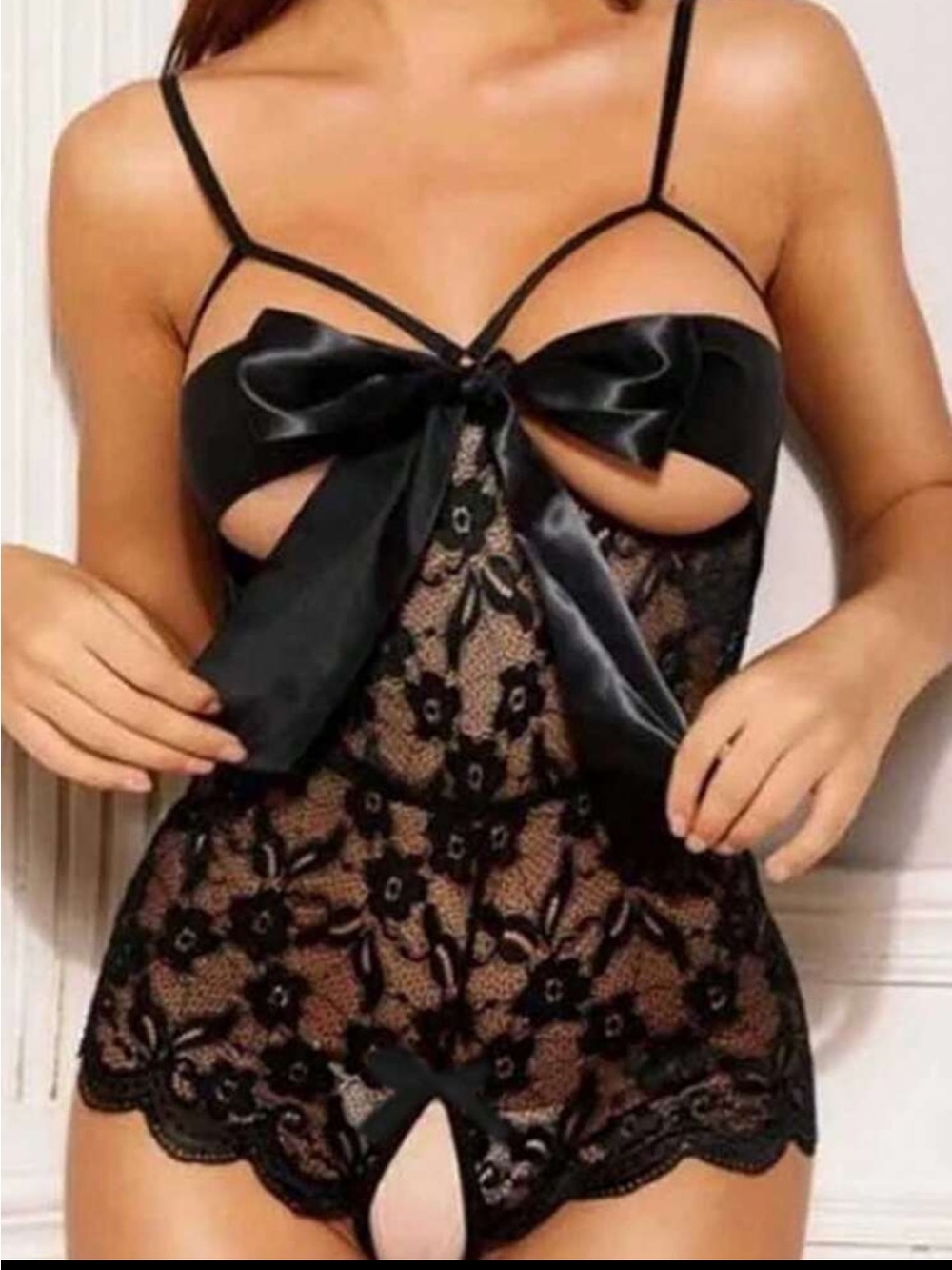 Black Lace Bow-Front Crotchless Women's Bodysuit Lingerie